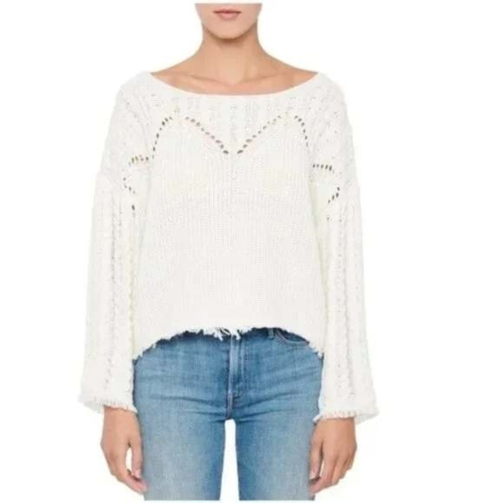 $125 JOHN + JENN Atlas‎ White Cotton Cable Knit oversized Fringe Sweater S/P